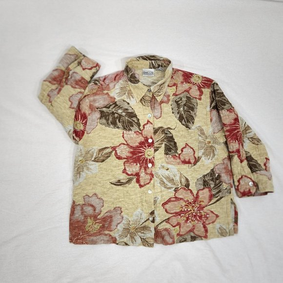 CHICO'S Floral Cardigan/Shirt Multicolor Size 1 (M)  3/4 Sleeves Button Up. - Picture 8 of 16